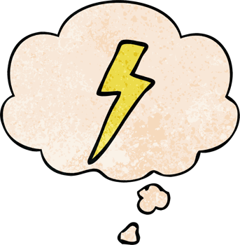 cartoon lightning bolt with thought bubble in grunge texture style png