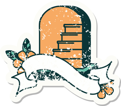 worn old sticker with banner of a grave stone png