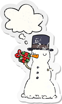 cartoon snowman with thought bubble as a distressed worn sticker png