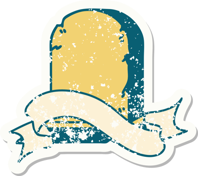 worn old sticker with banner of a grave stone png