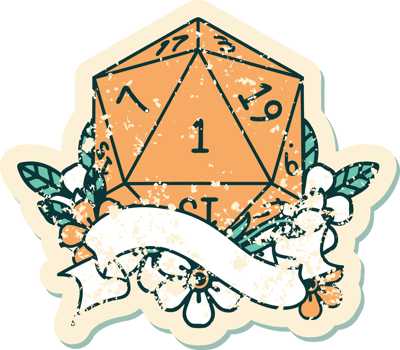 Retro Tattoo Style natural one d20 dice roll png