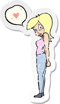retro distressed sticker of a cartoon woman in love png