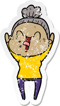 distressed sticker of a cartoon happy old woman png