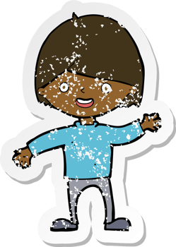 retro distressed sticker of a cartoon waving boy png