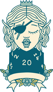Retro Tattoo Style elf rogue character with natural twenty dice roll png