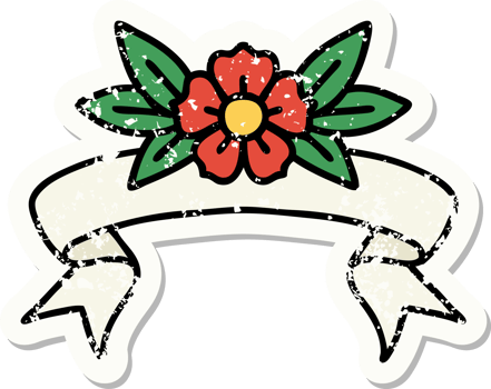worn old sticker with banner of a flower png