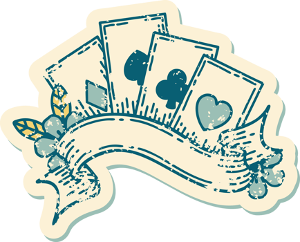 iconic distressed sticker tattoo style image of cards and banner png