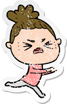 distressed sticker of a cartoon angry woman png