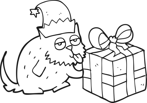 hand drawn black and white cartoon cat with present png