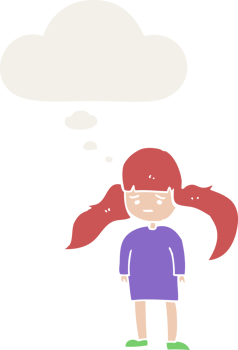 cartoon girl with long hair with thought bubble in retro style png