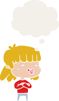 cartoon girl sticking out tongue with thought bubble in retro style png