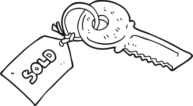 hand drawn black and white cartoon key with sold tag png