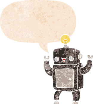 cartoon happy robot with speech bubble in grunge distressed retro textured style png