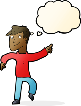 cartoon happy man pointing with thought bubble png