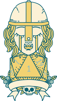Retro Tattoo Style crying orc fighter character with natural one D20 roll png