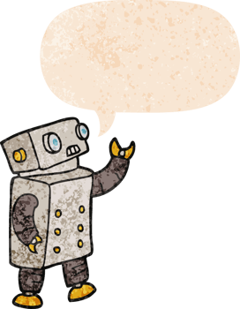 cartoon robot with speech bubble in grunge distressed retro textured style png