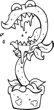 hand drawn black and white cartoon carnivorous plant png