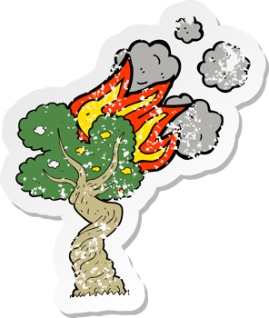 retro distressed sticker of a cartoon burning tree png