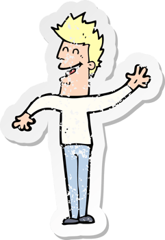 retro distressed sticker of a cartoon happy man waving drawing png