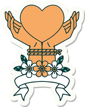 tattoo style sticker with banner of tied hands and a heart png