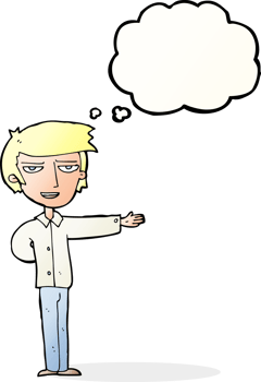 cartoon man gesturing welcome with thought bubble png