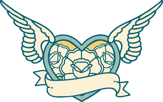 iconic tattoo style image of a flying heart with flowers and banner png