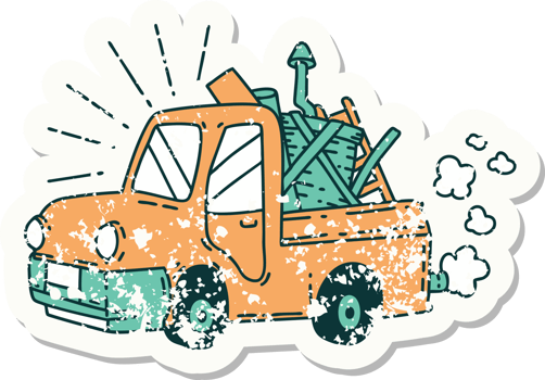 worn old sticker of a tattoo style truck carrying junk png
