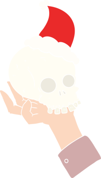 hand drawn flat color illustration of a hand holding skull wearing santa hat png