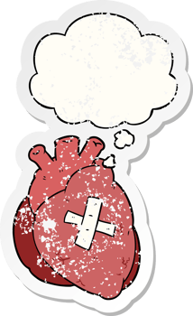 cartoon heart with thought bubble as a distressed worn sticker png