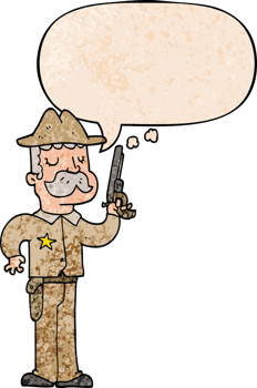 cartoon sheriff with speech bubble in retro texture style png