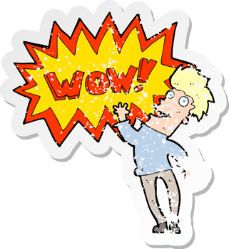 retro distressed sticker of a cartoon amazed man png