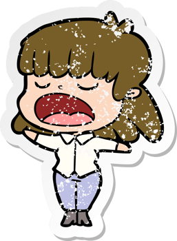 distressed sticker of a cartoon woman talking loudly png