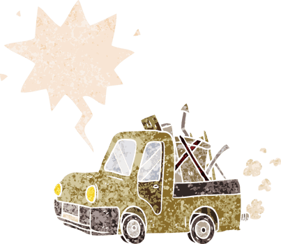 cartoon old truck with speech bubble in grunge distressed retro textured style png