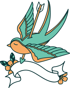 traditional tattoo with banner of a swallow pierced by arrow png