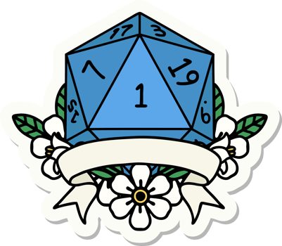 sticker of a natural one d20 dice roll png