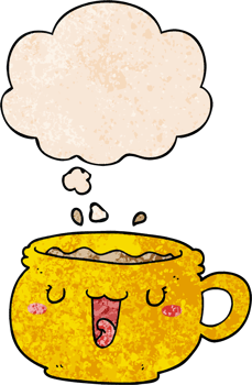 cute cartoon coffee cup with thought bubble in grunge texture style png