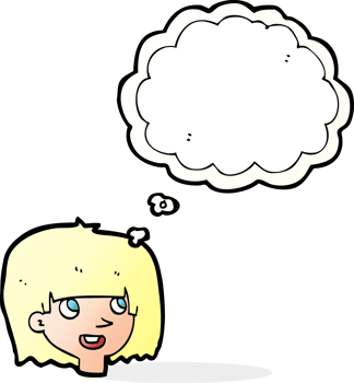 cartoon happy female face with thought bubble png