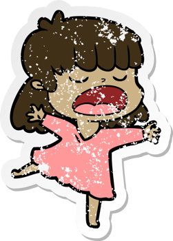 distressed sticker of a cartoon woman talking loudly png
