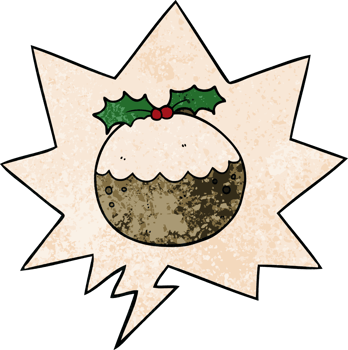 cartoon christmas pudding with speech bubble in retro texture style png