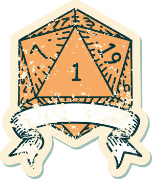Retro Tattoo Style natural one d20 dice roll png