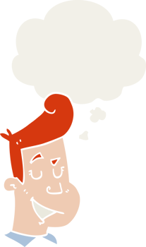 cartoon happy man with thought bubble in retro style png