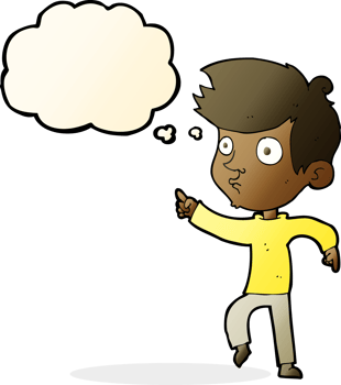 cartoon pointing boy with thought bubble png