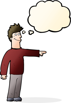 cartoon happy pointing man with thought bubble png