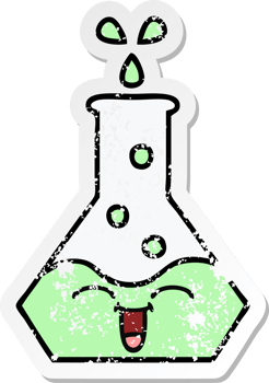 distressed sticker of a cute cartoon science beaker png