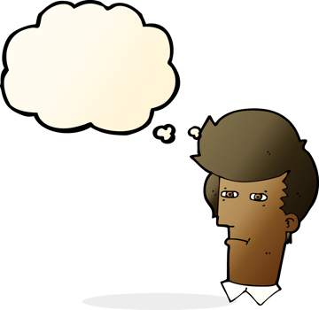cartoon man narrowing eyes with thought bubble png