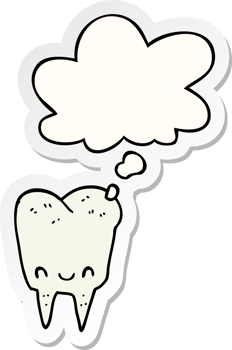 cartoon tooth with thought bubble as a printed sticker png
