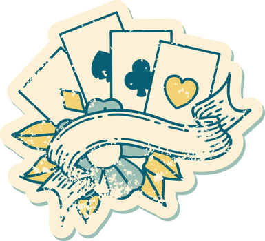 iconic distressed sticker tattoo style image of cards and banner png