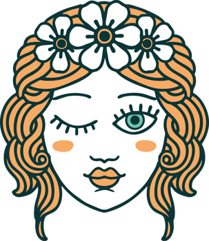iconic tattoo style image of a maidens face winking png