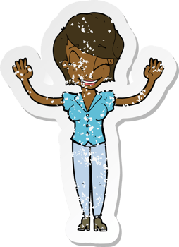 retro distressed sticker of a cartoon pretty woman with hands in air png
