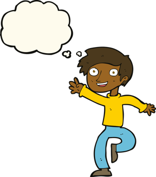 cartoon excited boy dancing with thought bubble png